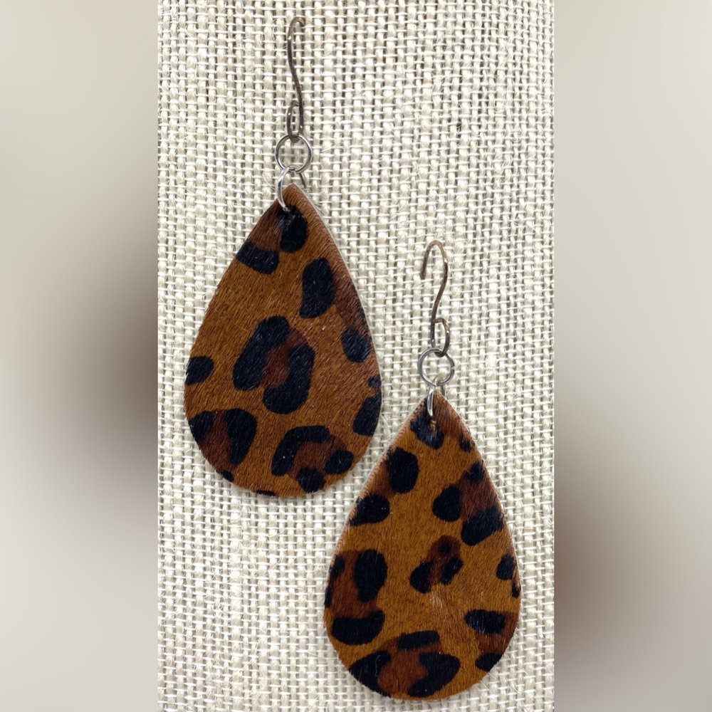Brown Animal Print FauxFur Leather Earrings Boho Fall Festival Eclectic Western
